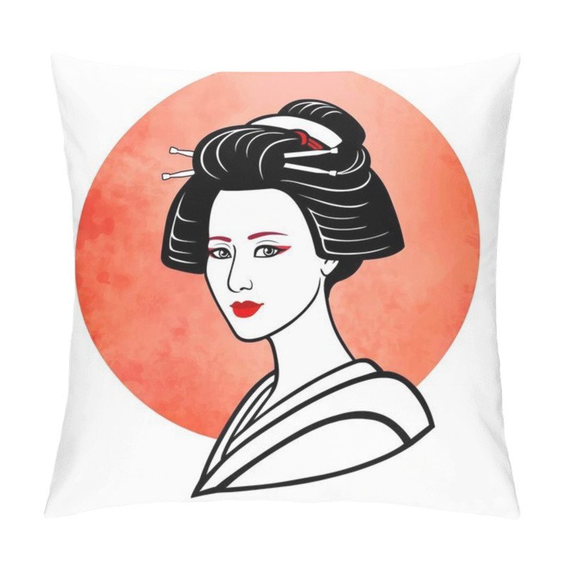 Personality  Realistic Portrait Of The Young Japanese Girl An Ancient Hairstyle. Geisha, Maiko, Princess. Background - The Red Watercolor Sun. Print, Poster, T-shirt, Card. Vector Illustration Isolated On White. Pillow Covers