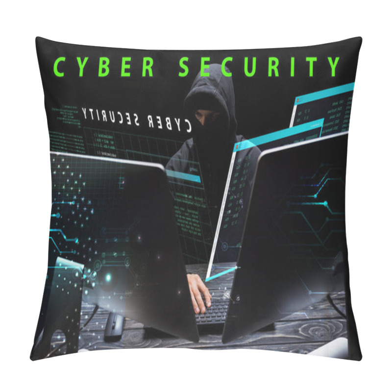 Personality  Hacker In Hood Sitting Near Computer Monitors Near Cyber Security Lettering On Black  Pillow Covers