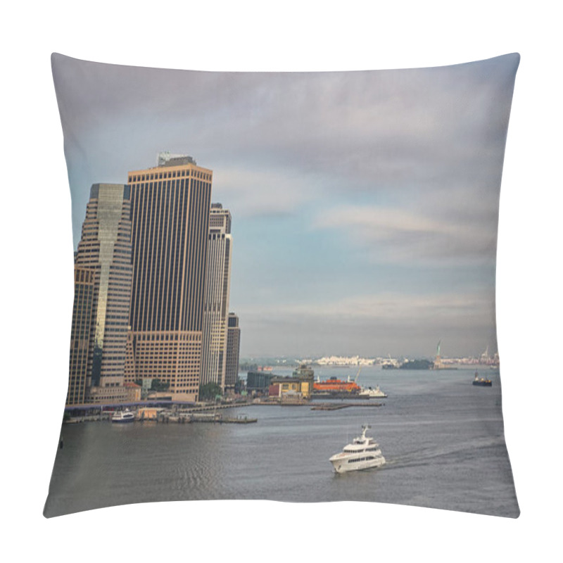 Personality  City Architectural Cityscape With Harbor. New York City Harbor. Cityscape In Metropolis City. City Downtown Skyline. Horizon With Architecture. Cityscape Skyline Building Architecture. Luxury Yacht. Pillow Covers