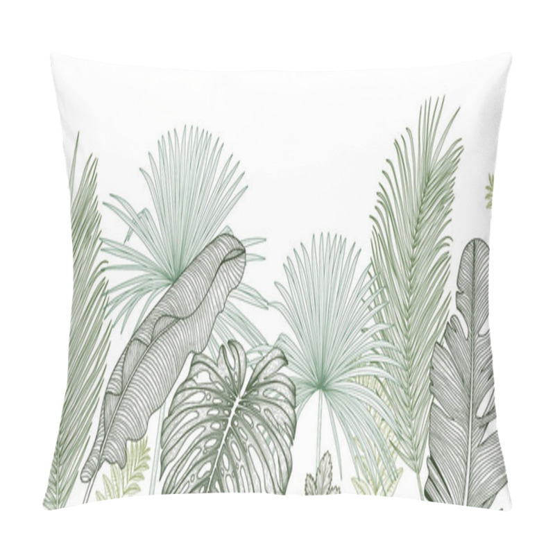 Personality   Vector Illustration Of The Jungle. Graphic Linear Green Palm And Banana Leaves Pillow Covers