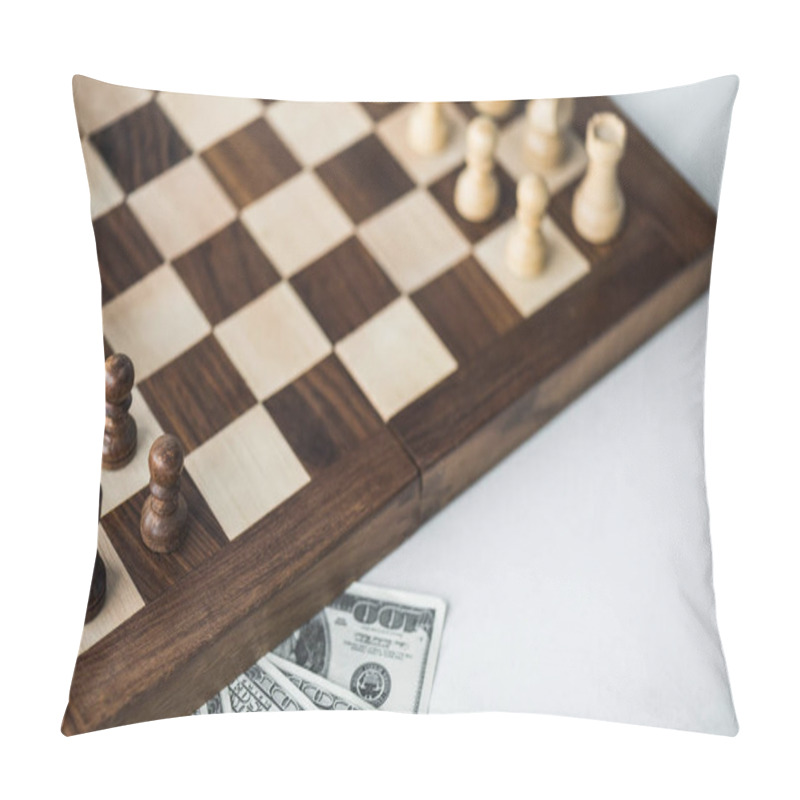 Personality  Cropped View Of Chess Board With Chess Pieces And Dollar Banknotes On White Surface Pillow Covers