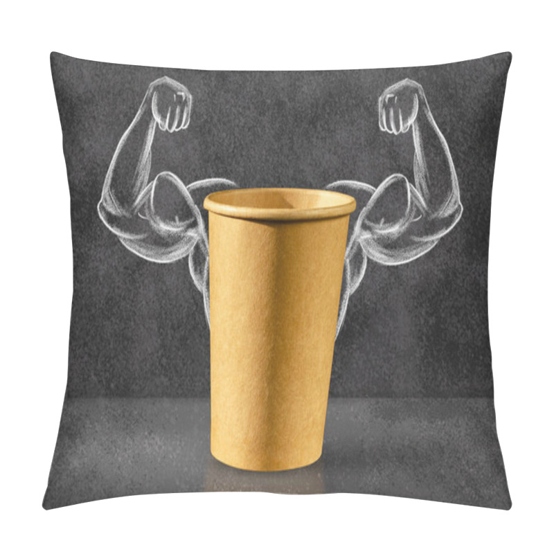 Personality  Power Coffee. Cup Of Coffee On The Background Of Depicted Muscles On Chalkboard. Strong Power, Muscle Arms. Power Concept. Pillow Covers