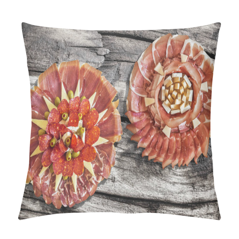 Personality  Serbian Traditional Welcome Appetizer Savory Dishes Meze Set On Old Weathered Cracked Knotted Pine Wood Table Surface Pillow Covers