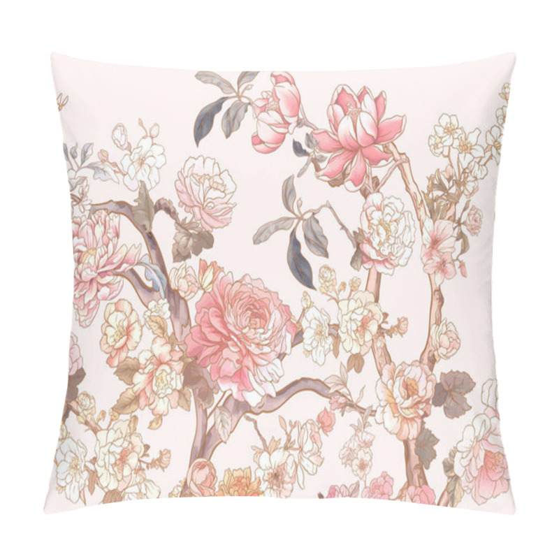 Personality  Blossom Trees With Rose, Peony, Chrysanthemum, Seamless Pattern, Background. Vector Illustration In Chinoiserie, Botanical Style Pillow Covers