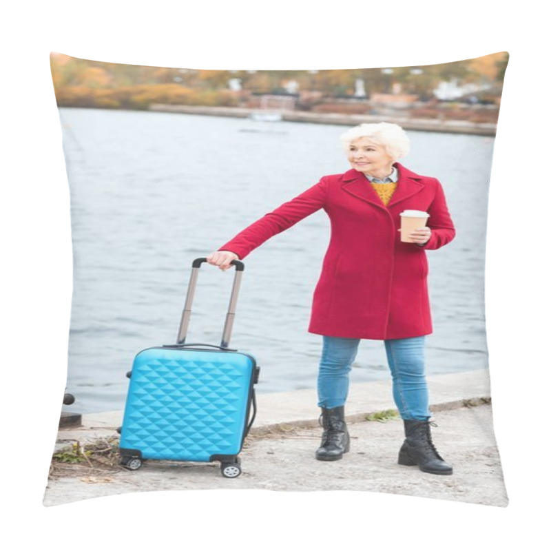 Personality  Senior Woman With Suitcase Pillow Covers