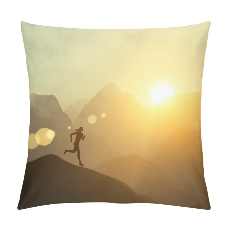 Personality  Silhouette Of A Beautiful Woman Running Down The Hill Against Yellow Sky With Clouds At Sunset Pillow Covers