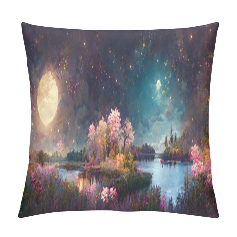 Personality  Night Landscape Environment Harvest Moon Over A Glittering Lake Lush Vegetation Birchwood Trees, Flowers, Magical Galaxy. 3d Drawing Digital Art Pillow Covers