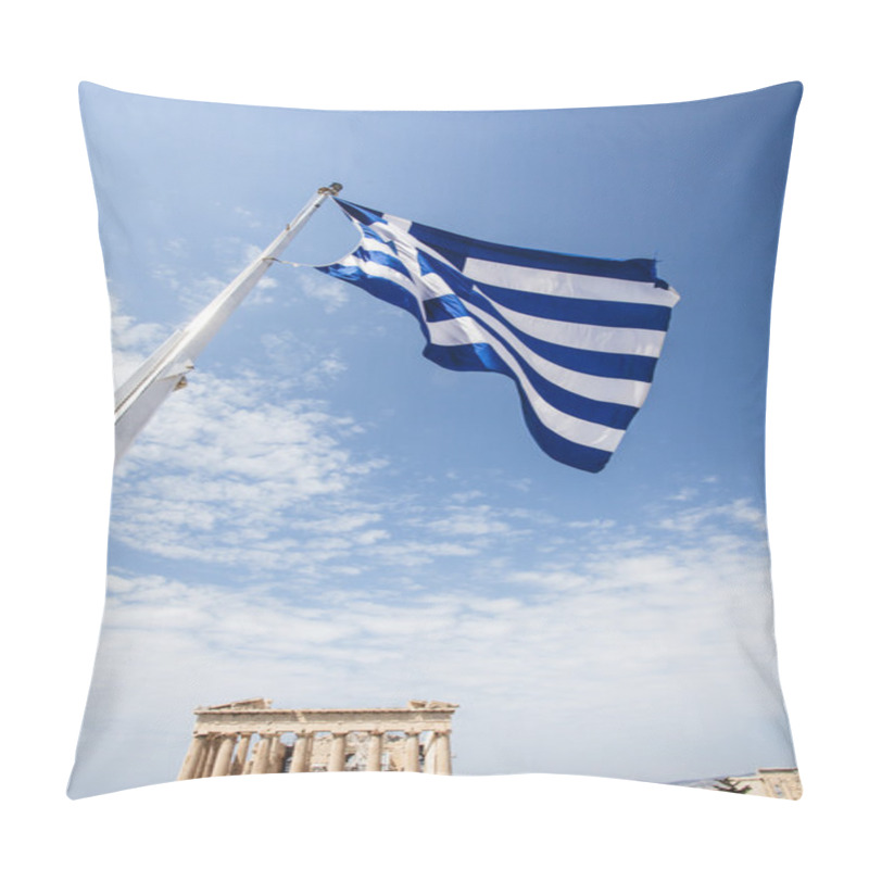 Personality  The Flag Of Greece And The In The Background - Parthenon Temple - Acropolis - Athens - Greece Pillow Covers