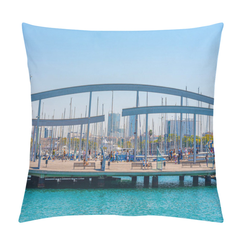 Personality  BARCELONA, SPAIN, JUNE 30, 2019: People Are Passing Port Vell On La Rambla Del Mar Bridge In Barcelona, Spain Pillow Covers