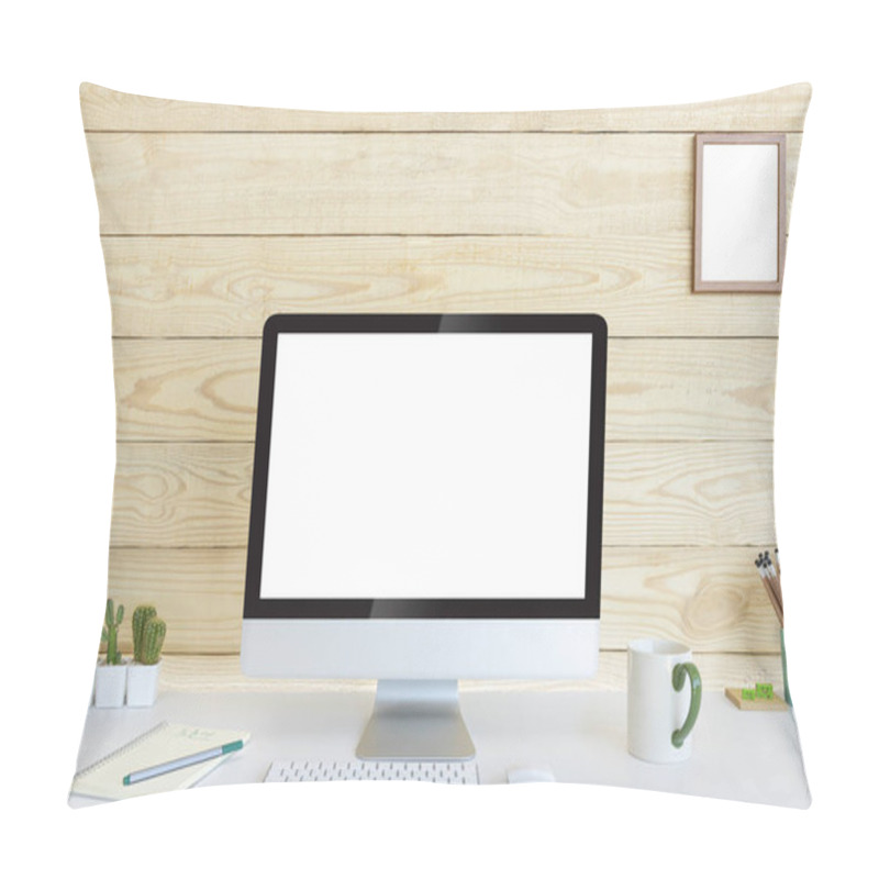 Personality  Computer With Blank White Copy Space For Text And Wood Background, Mockup Design Desktop Computer In Office On White Table With Keyboard And Coffee Cub, Work Place Concept, Cactus In Pot. Pillow Covers