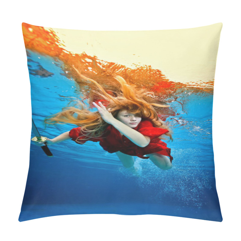 Personality  A Beautiful Young Girl With Flowing Hair Swims Under The Water In A Red Dress And With A Samurai Sword In Her Hand And Looks At The Camera. Underwater Concept Photography. Fashion Portrait. Pillow Covers