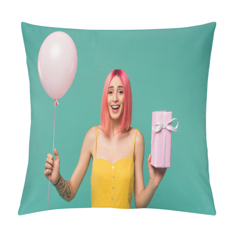 Personality  Happy Young Woman With Pink Dyed Hair Holding Wrapped Present And Balloon Isolated On Blue  Pillow Covers