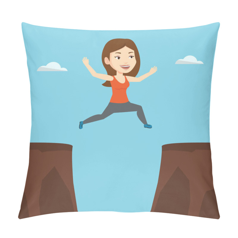 Personality  Sportswoman Jumping Over Cliff Vector Illustration Pillow Covers