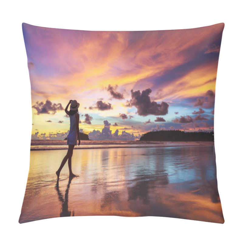 Personality  Summer Travel Vacation Concept, Traveler Asian Woman With Hat Relax And Sightseeing On Kata Beach At Sunset In Phuket, Thailand Pillow Covers