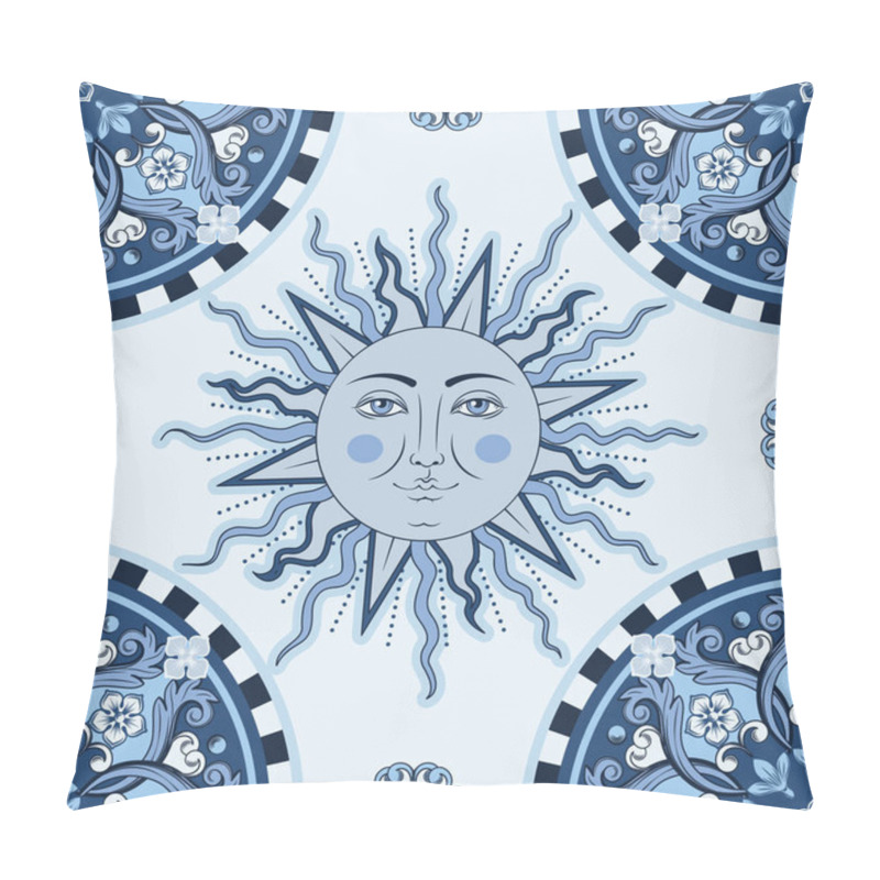 Personality  Ethnic Round Ornamental Mandala, Sun With Human Face Symbol On Checkered Pattern. Vector Illustration Pillow Covers