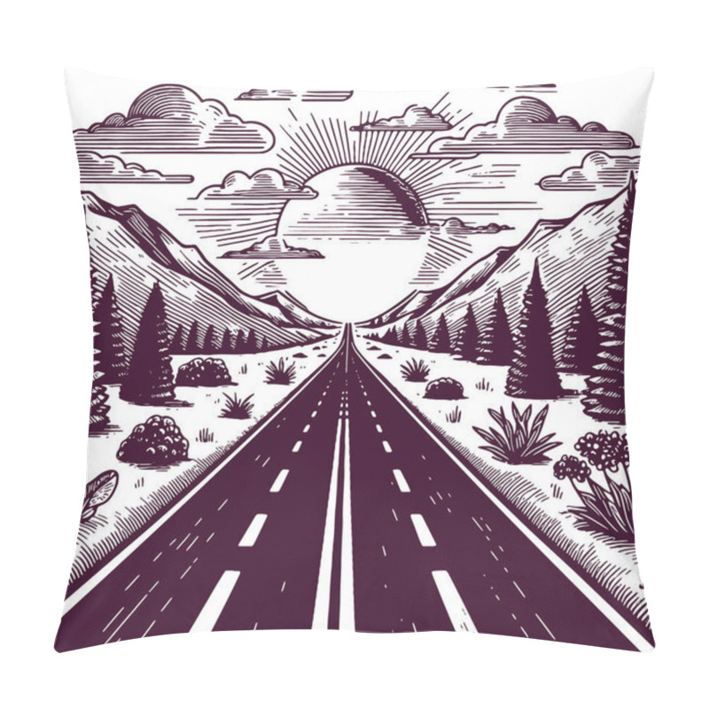 Personality  Scenic Mountain Road At Sunrise In Detailed Line Art Style Pillow Covers