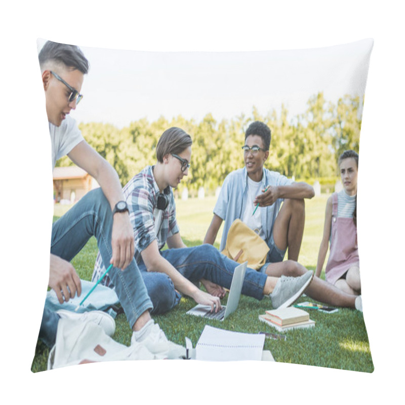 Personality  Happy Multiethnic Teenagers Sitting And Talking While Studying Together In Park  Pillow Covers