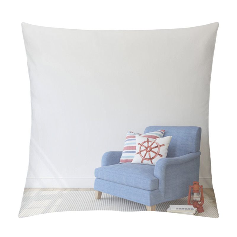 Personality  Interior With Armchair In Coastal Style. 3d Render. Pillow Covers