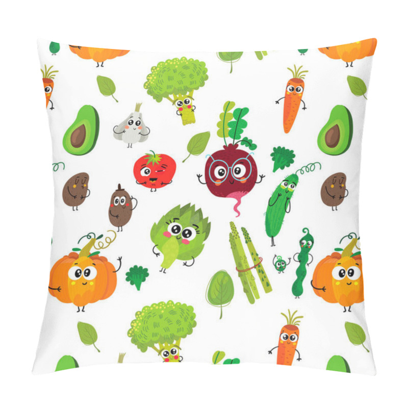 Personality  Vegetarian Seamless Pattern With Cartoon Funny Vegetable:broccoli, Tomatoes, Garlic, Pumpkin, Potato, Peas, Beet, Carrot, Artichoke And Cucumber. Pillow Covers