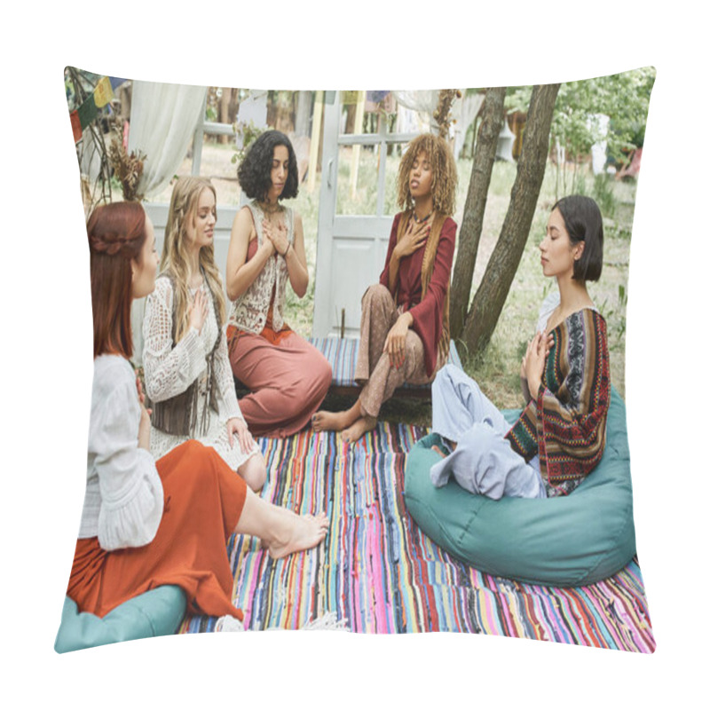 Personality  Stylish And Interracial Women In Boho Styled Outfits Meditating Together On Lawn In Retreat Center Pillow Covers