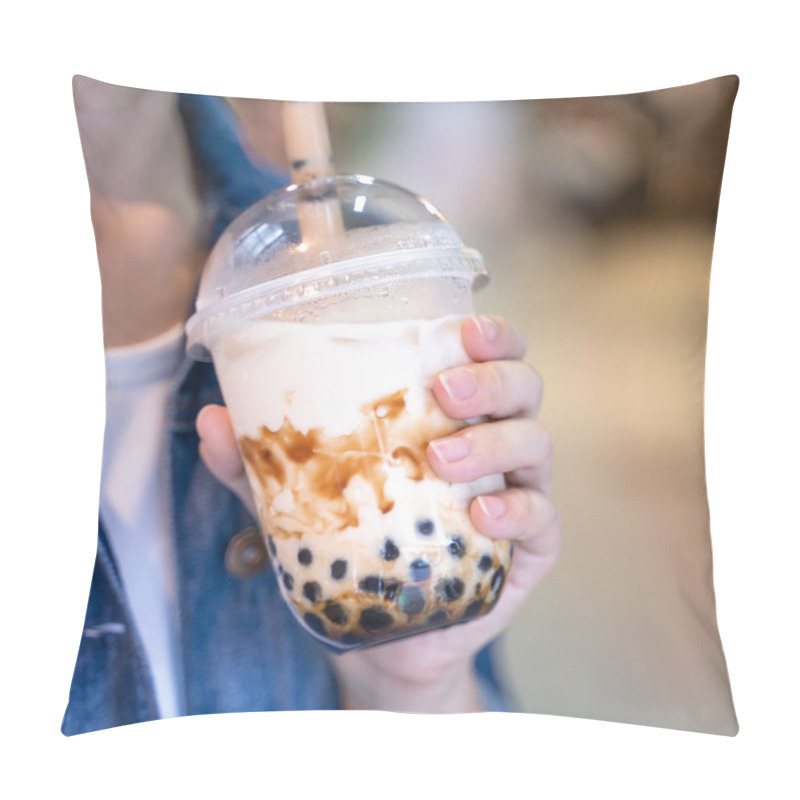 Personality  Young Woman Is Holding, Drinking Brown Sugar Flavored Tapioca Pearl Bubble Milk Tea With Glass Straw In Night Market Of Taiwan, Close Up, Bokeh Pillow Covers