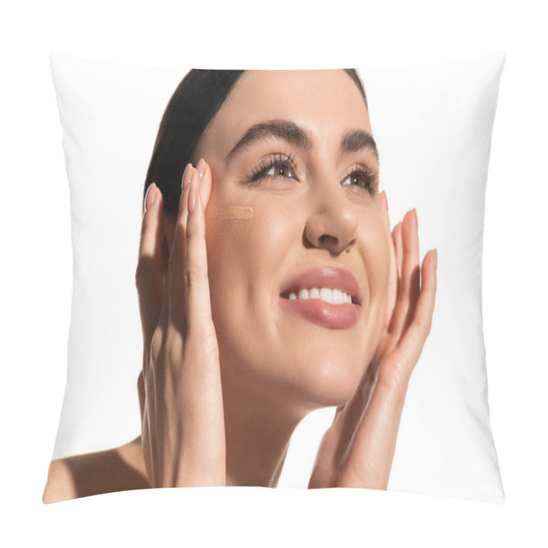 Personality  Happy Young Woman With Soft Skin Applying Makeup Foundation On Cheek Isolated On White  Pillow Covers