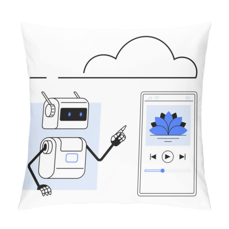 Personality  Robot Pointing At Smartphone Displaying Music App With Lotus Flower, Cloud Storage Symbol Above. Ideal For Technology, Automation, AI, Cloud Computing, Music Streaming, Digital Interaction, Future Pillow Covers