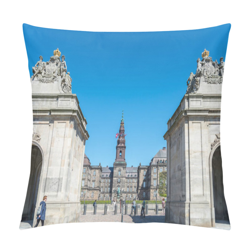 Personality  COPENHAGEN, DENMARK - MAY 6, 2018: Urban Scene With Blue Sky And Christiansborg Palace In Copenhagen, Denmark Pillow Covers