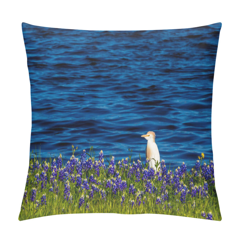 Personality  Egrets In Texas Bluebonnets At Lake Travis At Muleshoe Bend In T Pillow Covers