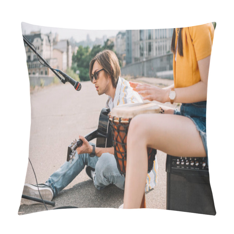 Personality  Young Happy Female Drummer And Male Guitarist At City Street Pillow Covers