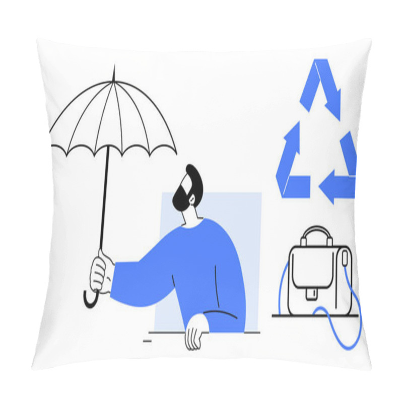 Personality  Man Holding Umbrella, Briefcase Next To Three-arrow Recycling Symbol. Ideal For Sustainability, Business Security, Environmental Protection, Corporate Responsibility, Eco-friendly Practices, Safety Pillow Covers