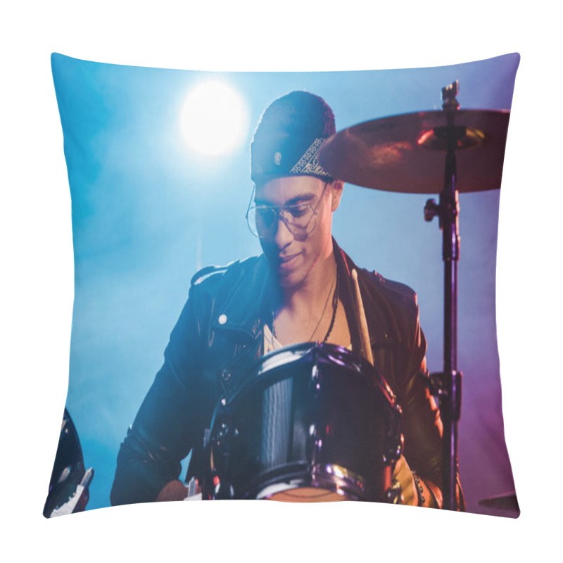 Personality  Mixed Race Man In Leather Jacket Playing Drums During Rock Concert On Stage With Smoke And Spotlight Pillow Covers