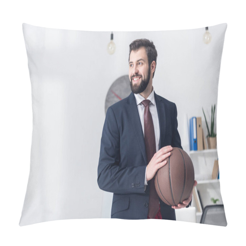 Personality  Portrait Of Businessman In Jacket Holding Basketball Ball In Office Pillow Covers