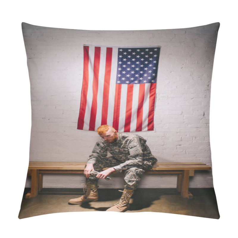 Personality  Red Hair American Soldier Sitting On Wooden Bench With Flag On White Brick Wall Behind, Americas Independence Day Concept Pillow Covers