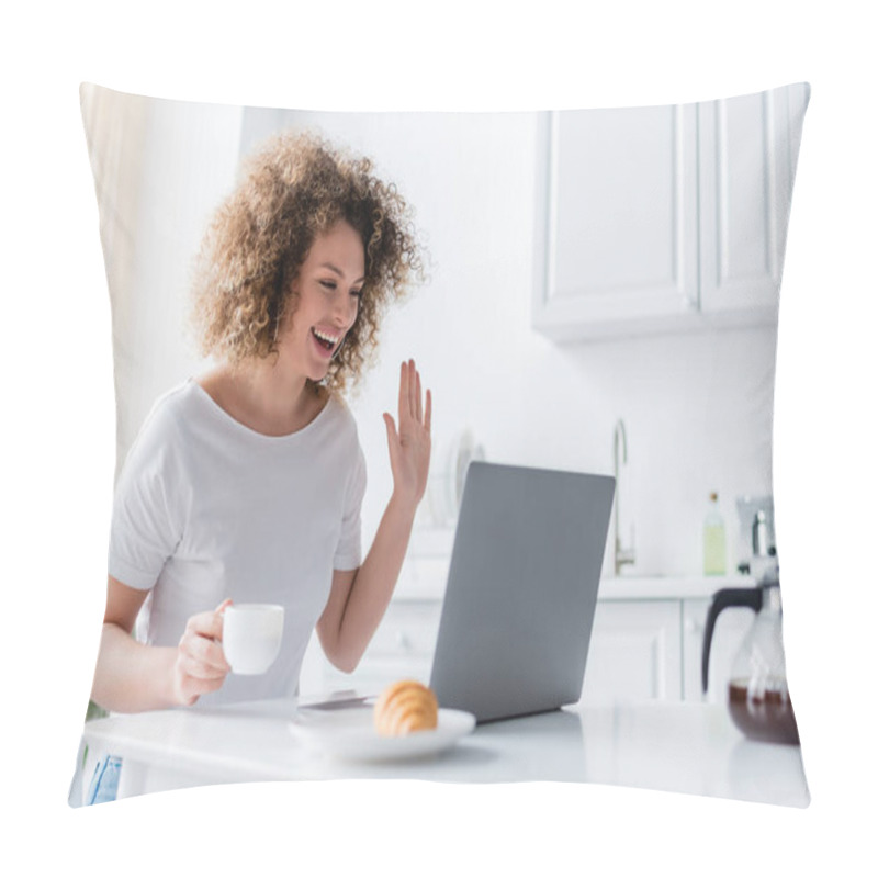 Personality  Happy Woman With Coffee Cup Waving Hand Near Laptop And Blurred Croissant Pillow Covers