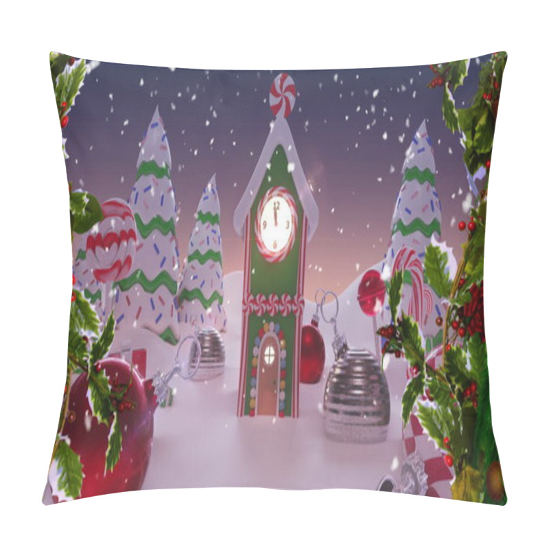 Personality  Digital Image Of Snow Falling Against Trees Covered In Snow, Christmas Bauble Decorations And House With Clock On Winter Landscape. Christmas Festivity Celebration Tradition Concept Pillow Covers