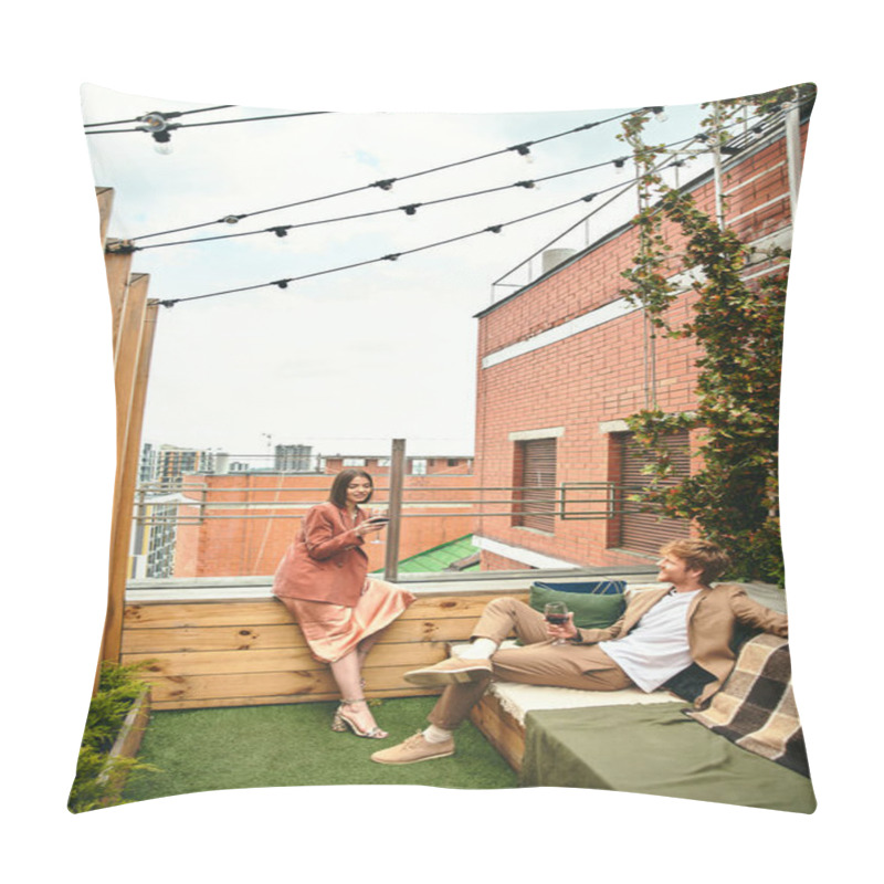 Personality  A Man And A Woman Are Seated On A Weathered Wooden Bench, Quietly Taking In The Surroundings Pillow Covers