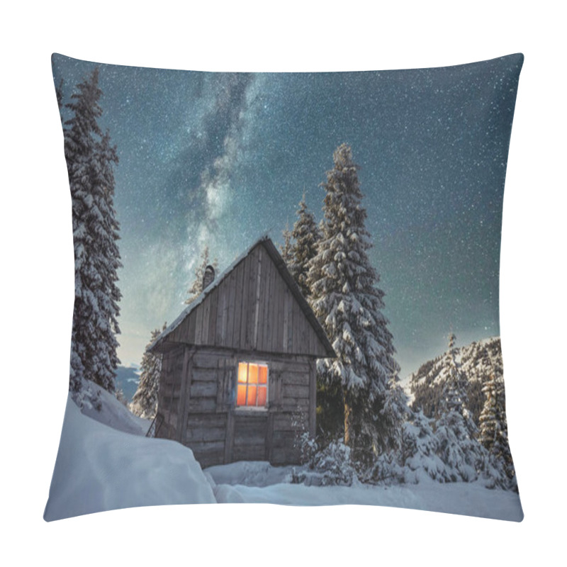 Personality  Fantastic Winter Landscape With Wooden House In Snowy Mountains Pillow Covers