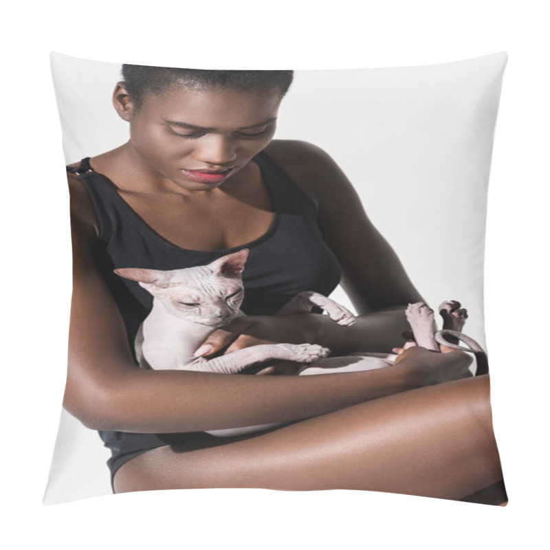 Personality  Beautiful African American Woman In Bodysuit Holding Sphynx Cat Isolated On White  Pillow Covers