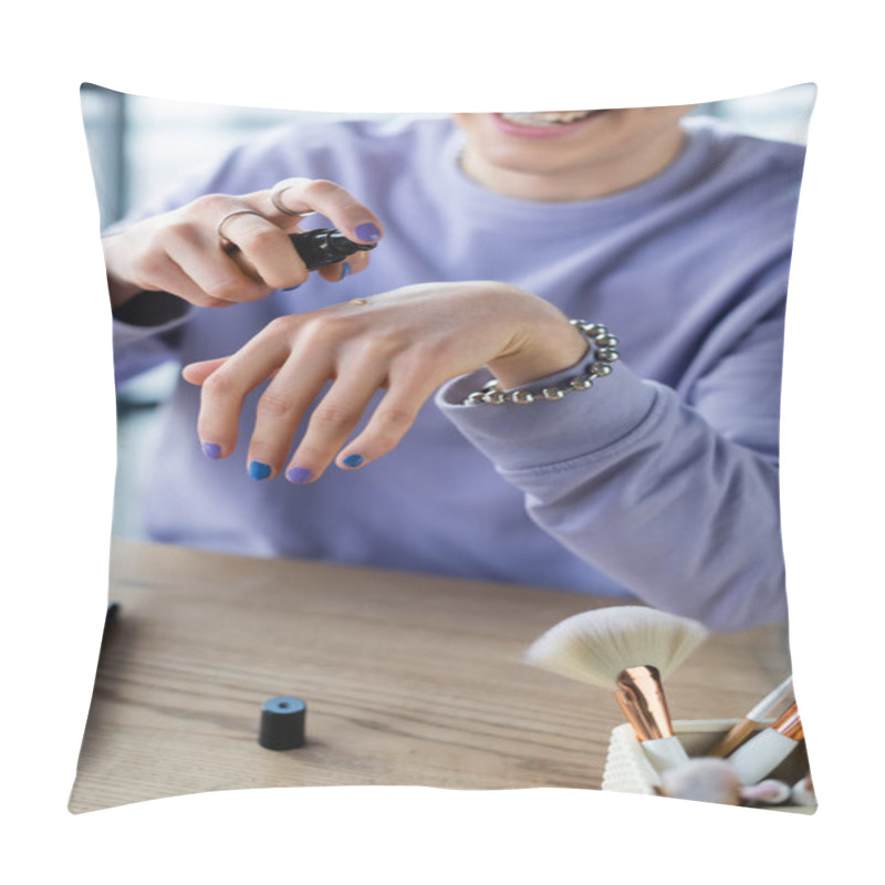 Personality  Cropped View Of Cheerful Transgender Person Pouring Face Foundation On Hand Near Cosmetic Brushes  Pillow Covers