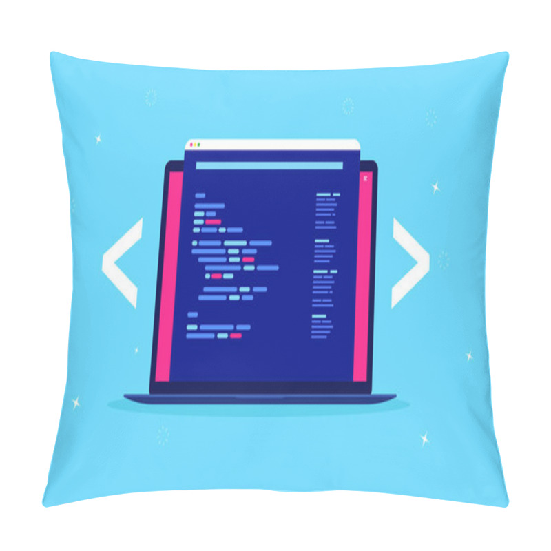 Personality  Web Development - Laptop Computer With Coding Software Popping Out Of Screen. Unrecognisable Code Language. Vector Illustration. Pillow Covers