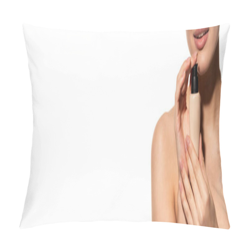 Personality  Cropped View Of Young Woman Holding Bottle With Liquid Makeup Foundation Isolated On White, Banner  Pillow Covers