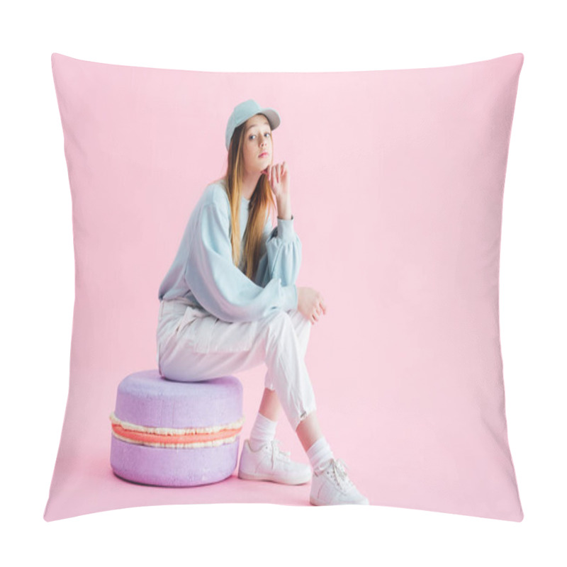 Personality  Pretty Teenage Girl In Cap Sitting On Decorative Macaroon On Pink Pillow Covers