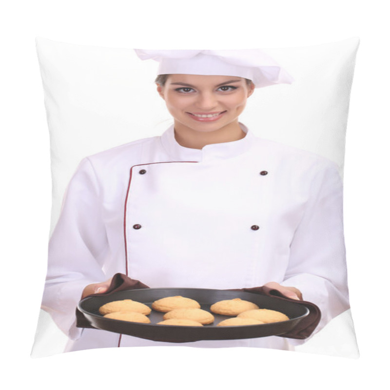 Personality  Portrait Of Young Woman Chef With Cakes On Dripping Pan Isolated On White Pillow Covers