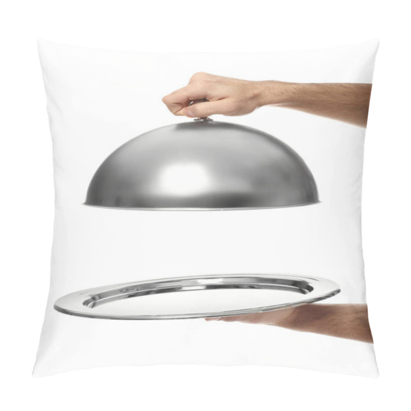 Personality  Hands Of Waiter With Tray And Cloche On White Background Pillow Covers