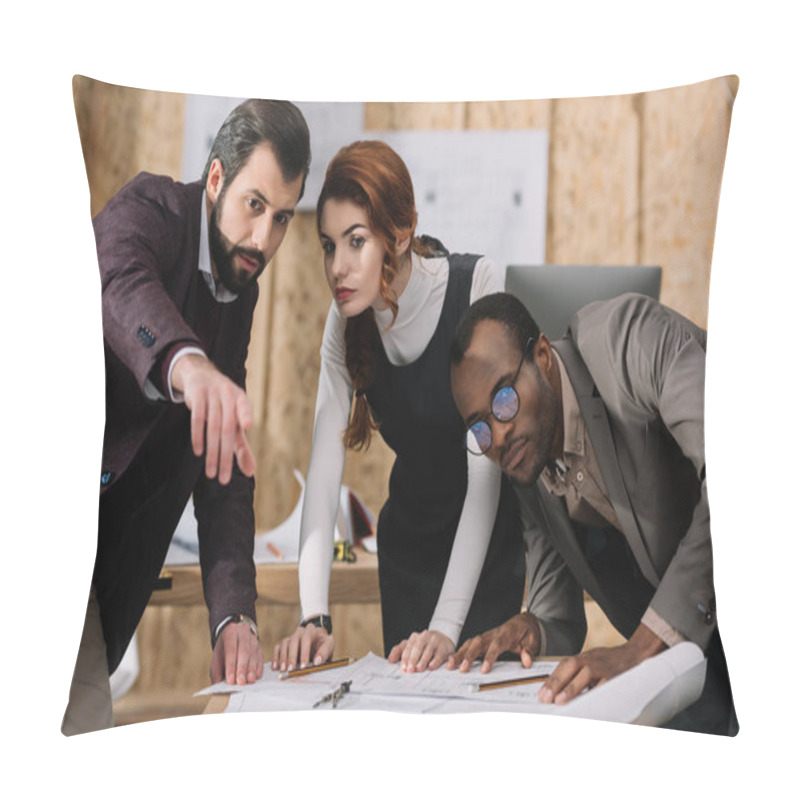 Personality  Young Multiethnic Team Of Architects Discussing Projects Pillow Covers