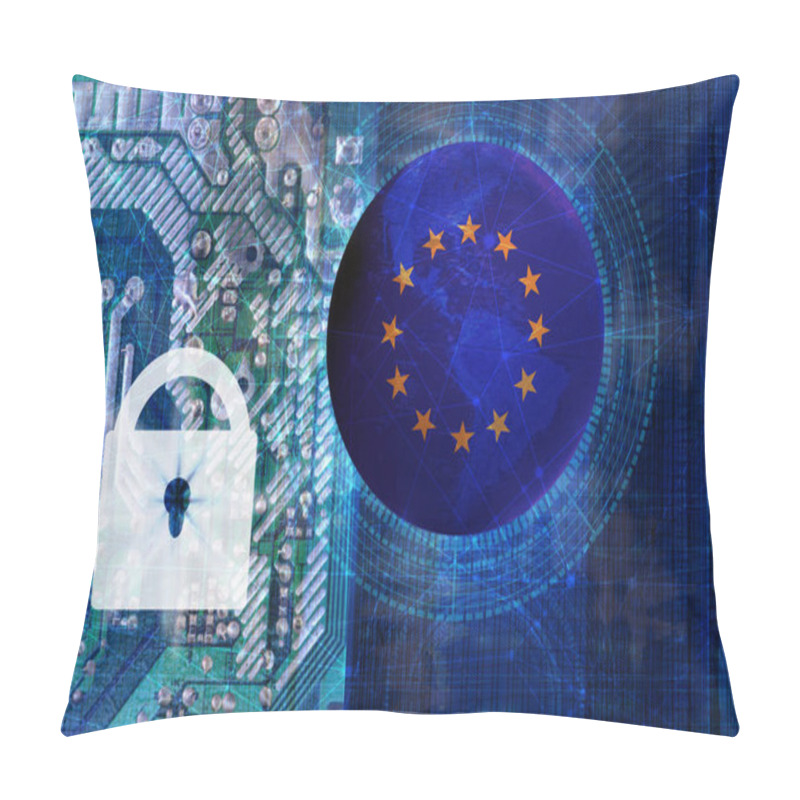 Personality  Globe Eu With Stars, Near A Lock On A Blue Technological Background, Concept Of Data And Information Protection, Cybercrime Pillow Covers