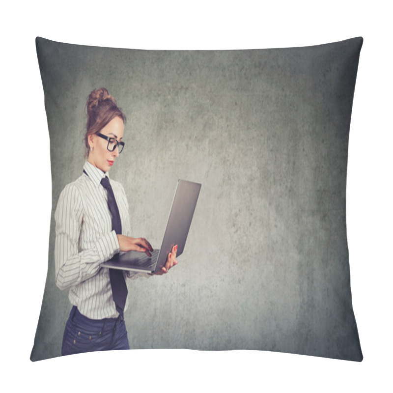 Personality  Serious Professional Woman In Formal Outfit And Glasses Using Laptop And Working Against Gray Wall Background Pillow Covers