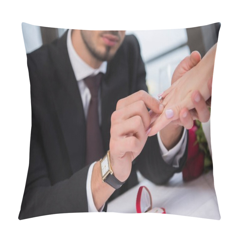 Personality  Selective Focus Of Man Wearing Wedding Ring On Girlfriends Figer On Romantic Date In Restaurant On St Valentine Day Pillow Covers