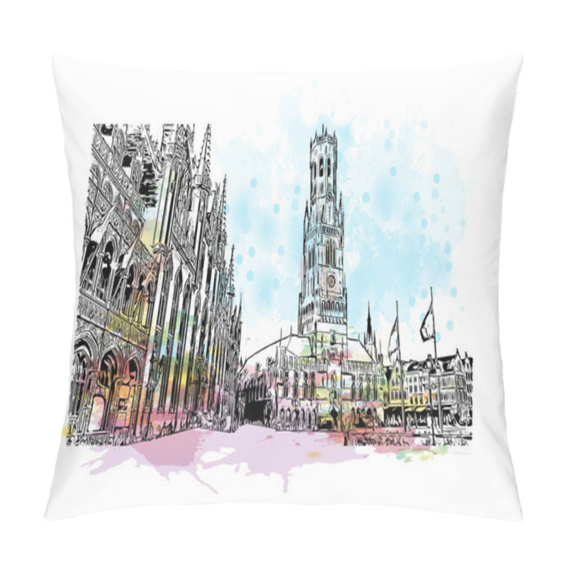 Personality  Print  Building View With Landmark Of Bruges Is The City In Belgium. Watercolor Splash With Hand Drawn Sketch Illustration In Vector. Pillow Covers